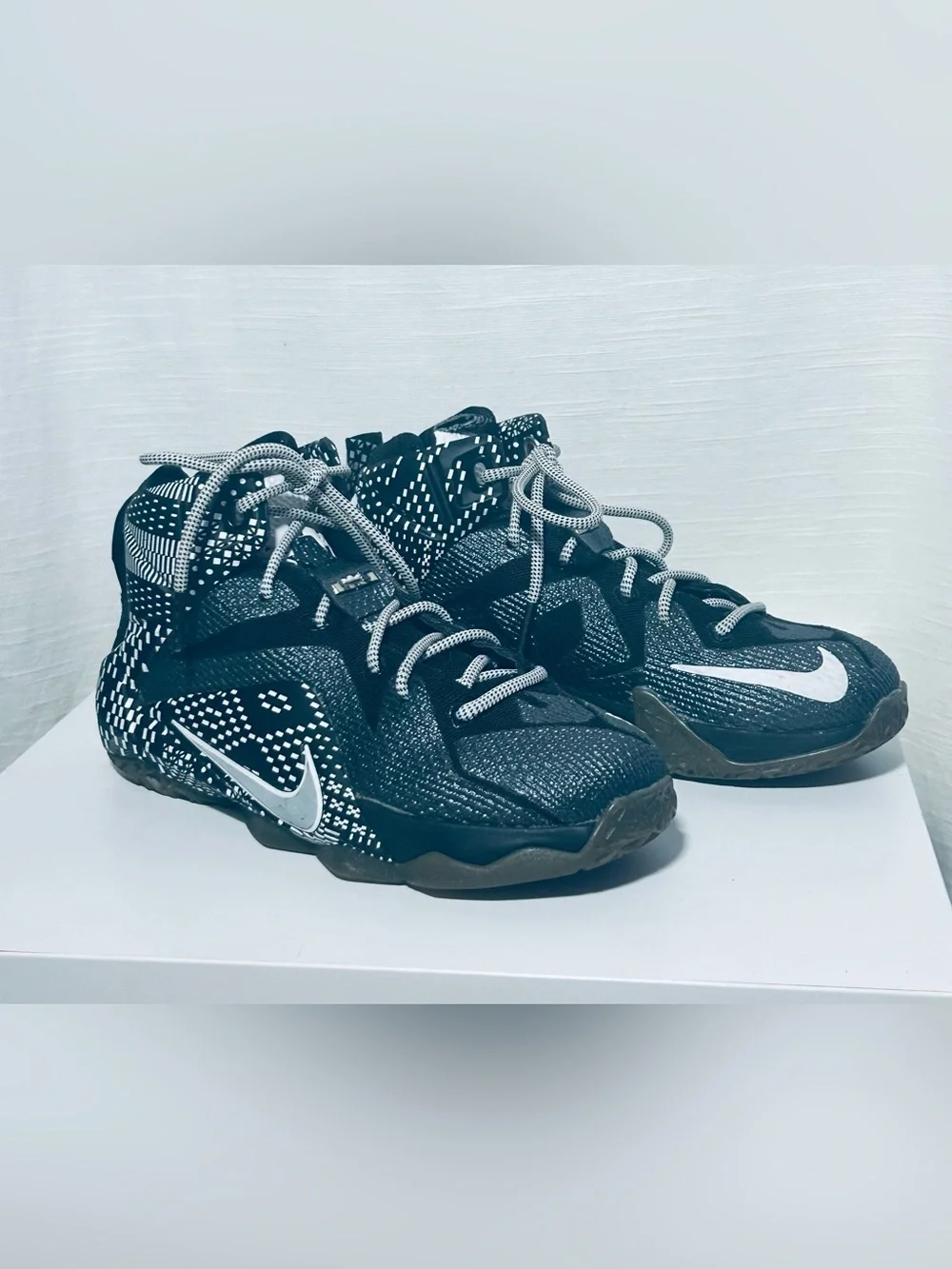 Nike LeBron 12 BHM Kids Black and White Patterned Basketball Sneakers